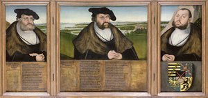 Kiezers van Saksen: Friedrich de Wijze (1482-1556) Johann de Standvastige (1468-1532) en Johann Friedrich de Grootmoedige (1503-54) 1532 door Lucas Cranach the Elder